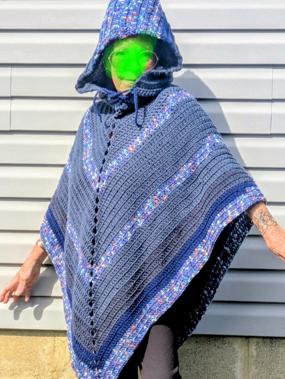 Handmade Blue Hooded Poncho for Adults - Cozy Knit Hooded Cape
